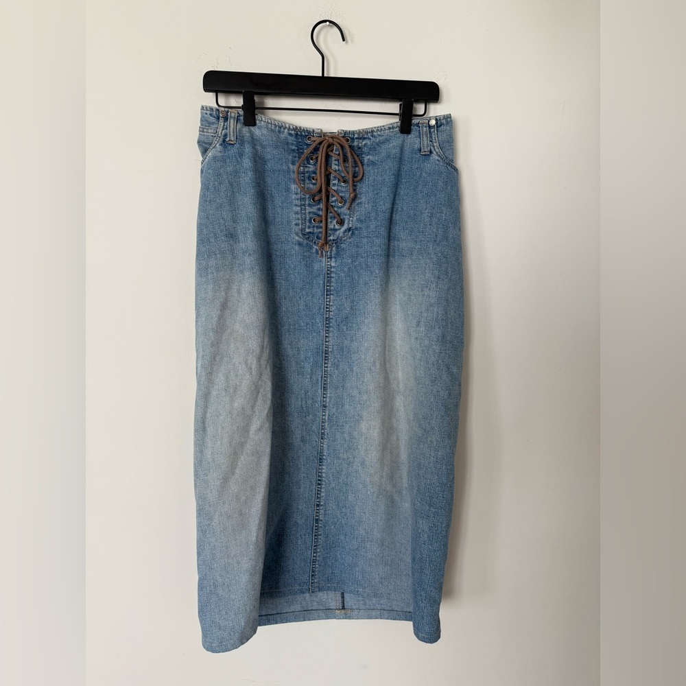 Vintage 90s Y2K Squeeze Denim Lace Up Cowboy Western Denim Midi Skirt